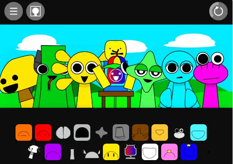 Gameplay screenshot of Sprunki Rainbow Friends showing colorful horror elements
