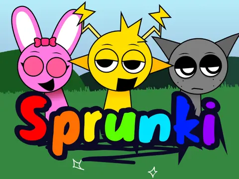Sprunki Retake game logo showing interface with control buttons and character selection