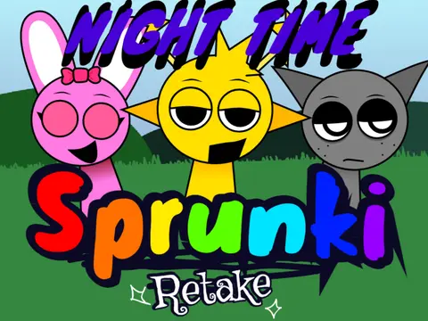 Sprunki characters in nighttime setting creating magical music under stars