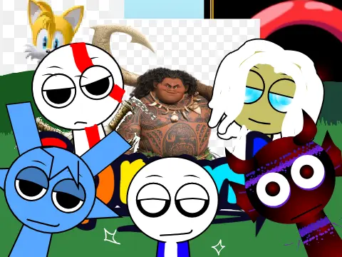 Sprunki Retake Personajes game featuring 13 crossover characters including Kratos, Zeus, and Sonic.exe