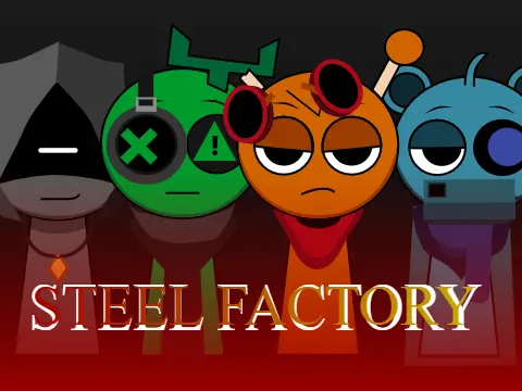 Sprunki Sepbox Steel Factory Game Logo featuring industrial Sprunki characters