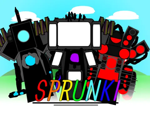 Glitched sprunki character in skibidi toilet setting with broken upgrades