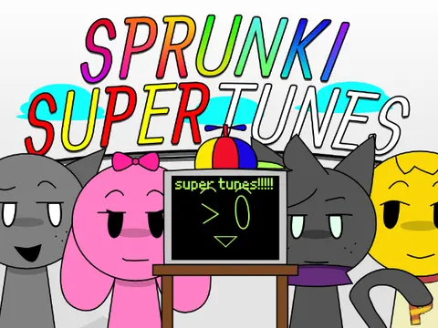 Sprunki Super Tunes game logo featuring musical notes and Sprunki characters