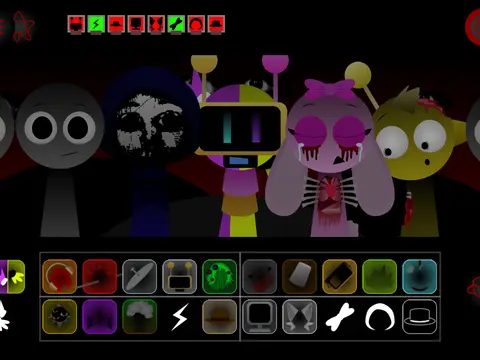 Sprunki game mod featuring robot versions of Kiki and Bouba characters