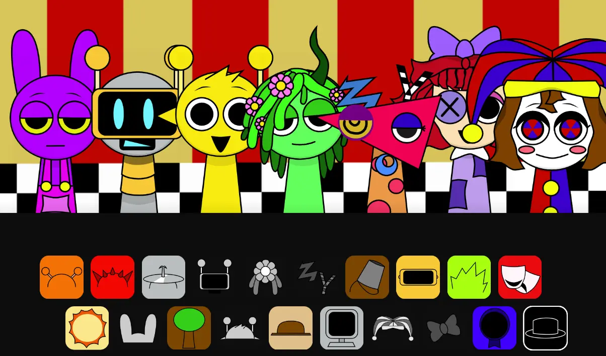 Gameplay screenshot of Sprunki The Amazing Digital Circus showing Sprunki solving puzzles