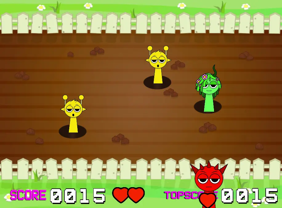 Gameplay screenshot of Sprunki Whack a Mole showing characters popping up