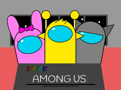 Sprunki Among Us crossover mod logo featuring crewmate and impostor elements