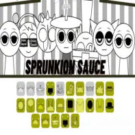 Sprunkion Sauce Game Logo - Colorful sauce splatters with Sprunki characters