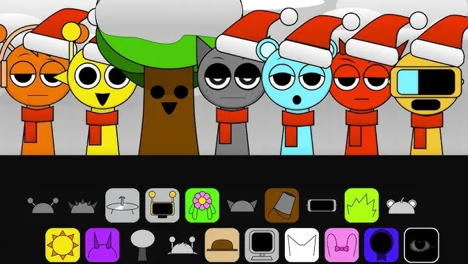 Gameplay screenshot of The Jolly of Sprunki Christmas showing winter levels