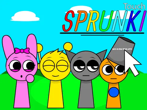 Touch Sprunkis with Me and Larry interactive Sprunki game logo featuring Larry character
