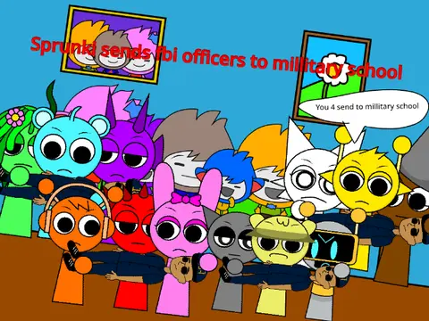 Animation still: Sprunki sending FBI officers to military school with subtitles
